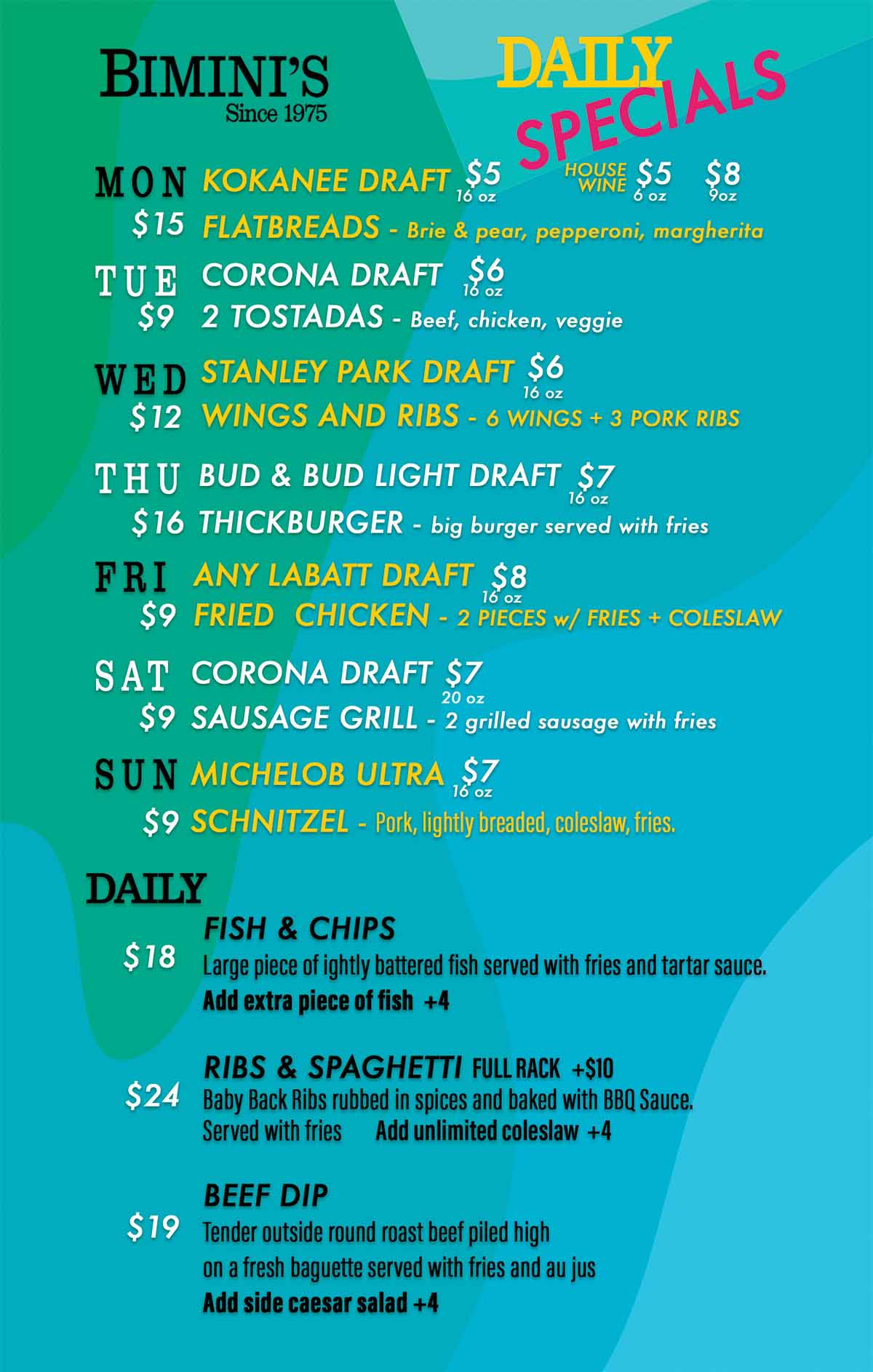 biminis daily specials menu